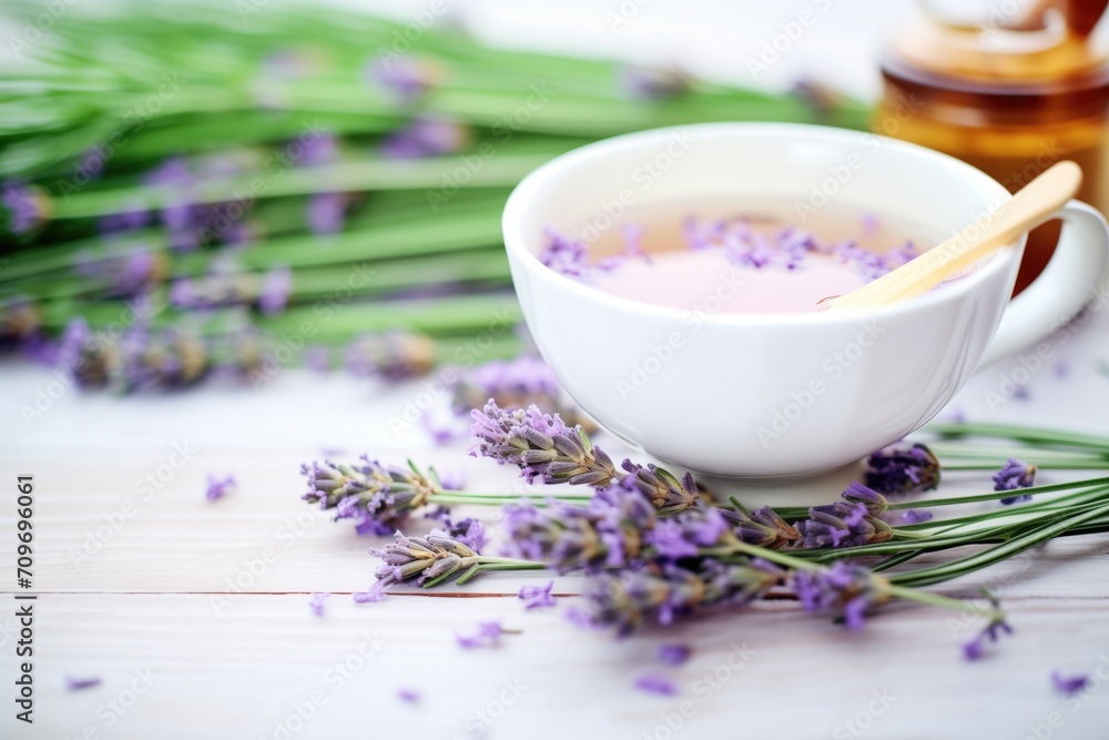 fresh lavender sprigs beside purple-hued tea in cup fresh lavender sprigs beside purple-hued tea in cup