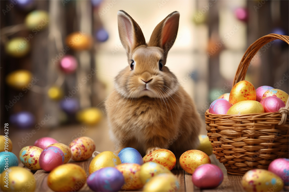 A brown bunny sits among shiny Easter eggs, next to a basket of eggs, Easter banner A brown bunny sits among shiny Easter eggs, next to a basket of eggs, Easter banner