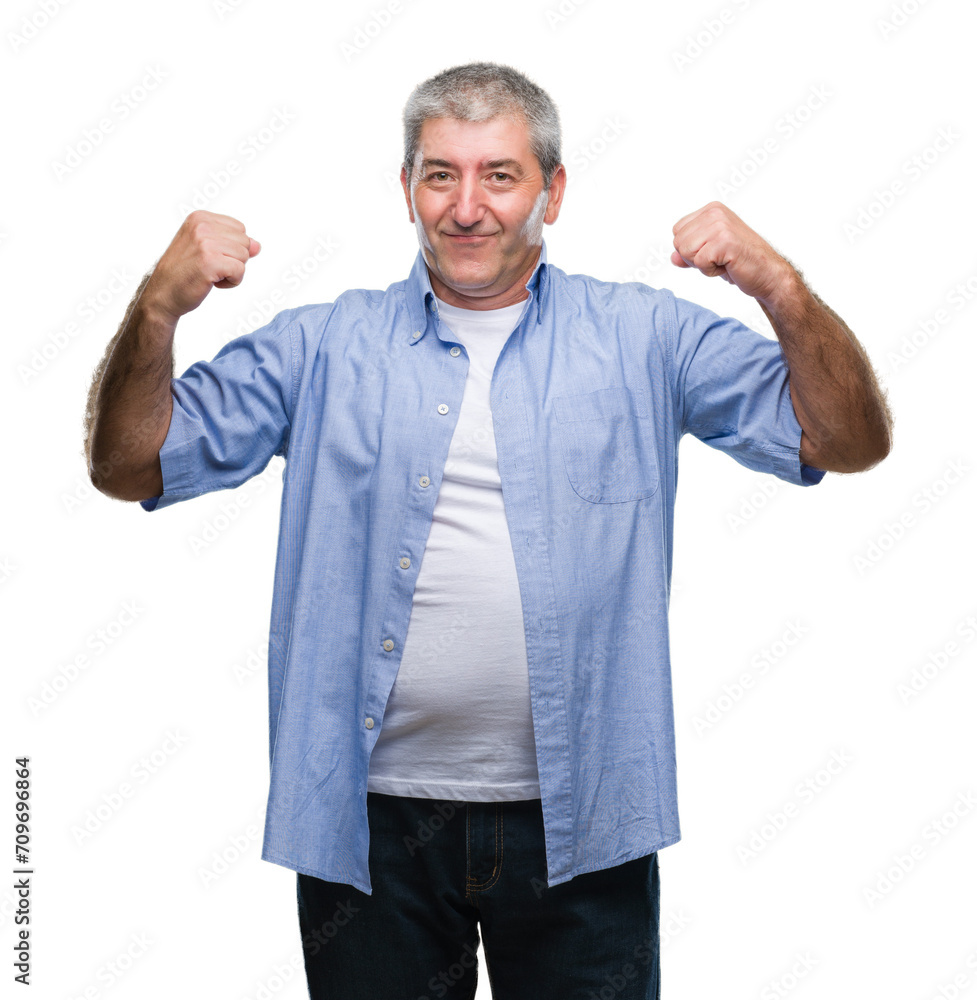 Handsome senior man over isolated background showing arms muscles smiling proud. Fitness concept. Handsome senior man over isolated background showing arms muscles smiling proud. Fitness concept.