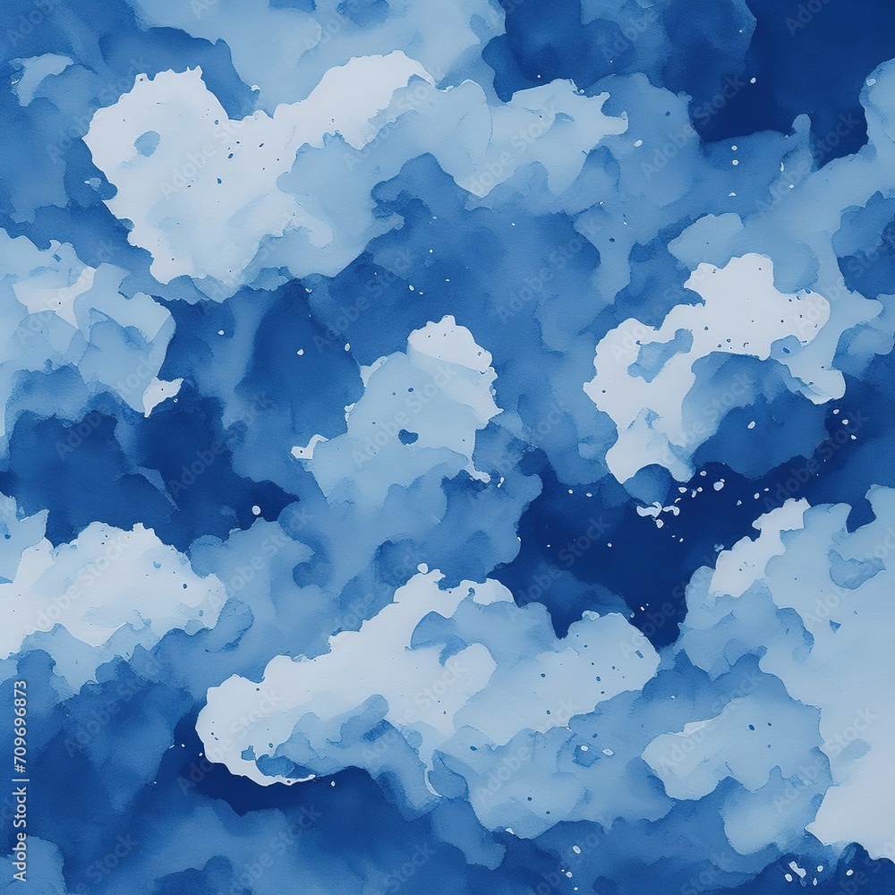 Watercolor stains, white clouds on a blue background