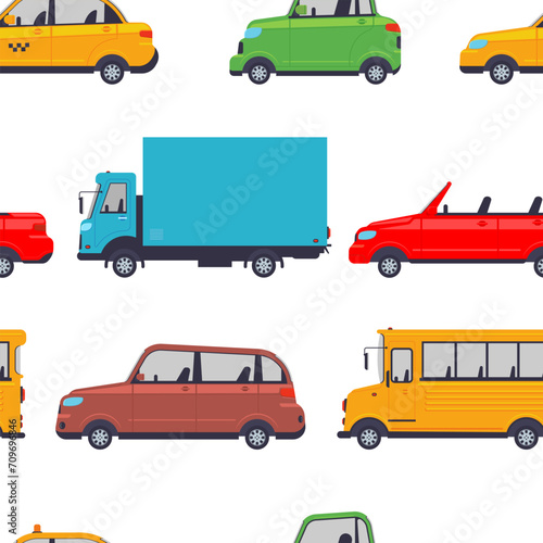 Car, truck, school bus vector cartoon seamless pattern background for wallpaper, wrapping, packing, and backdrop.