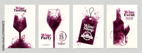 Collection of templates with wine designs. Illustration with background wine stains, glass, bottle, label.