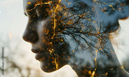 Visage de femme et forêt