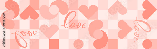 Seamless pink background for Mother's Day card template. Trendy geometric shapes with circles, squares and hearts in retro style for a Valentine's Day or wedding day cover.