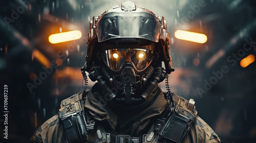 Futuristic soldier in a military costume gear