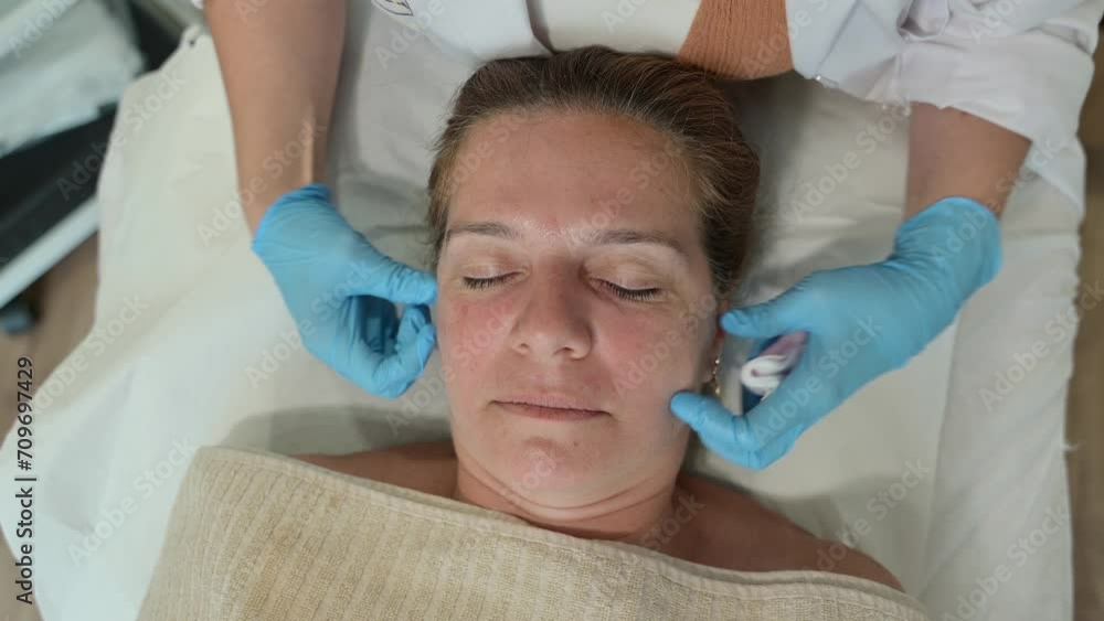 Aesthetician gently pressing around the patient's eye area after an under-eye dark circle treatment Aesthetician gently pressing around the patient's eye area after an under-eye dark circle treatment