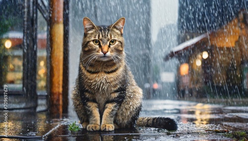 Urban Elegance: Rain-Soaked Cat Mystery." Showcase a mysterious cat seated on the wet city streets during a rainstorm. Infuse an element of urban elegance into the composition, emphasizing the cat's i