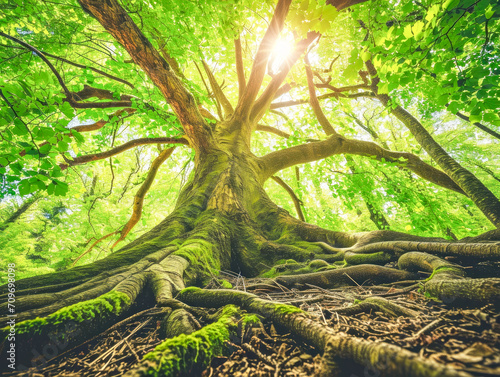 Close-up photo from below a large tree. Light shines down