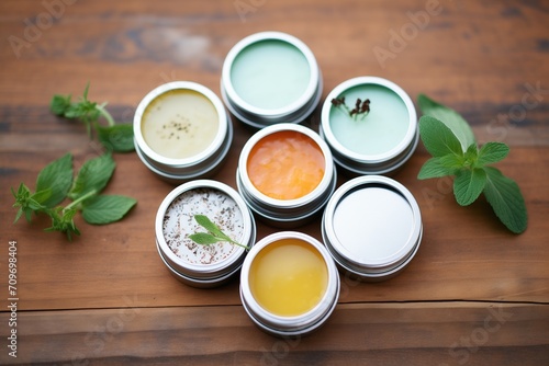 various organic balms in open tins with mint leaves