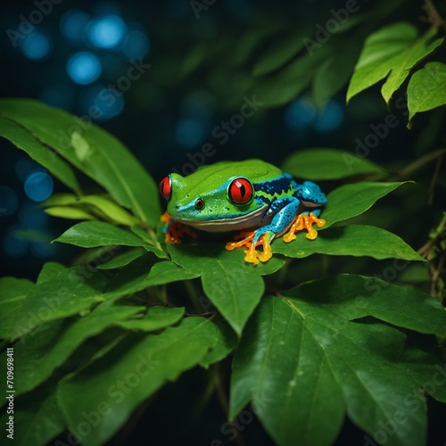 a red-eyed tree frog perched on a rainforest leaf at night.