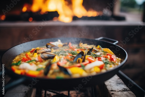 paella cooking over a traditional wood fire  flames visible