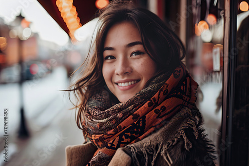 Generative AI image of a young Asian woman smiling warmly, wearing a stylish scarf and looking away from the camera on a blurry city background during the evening photo