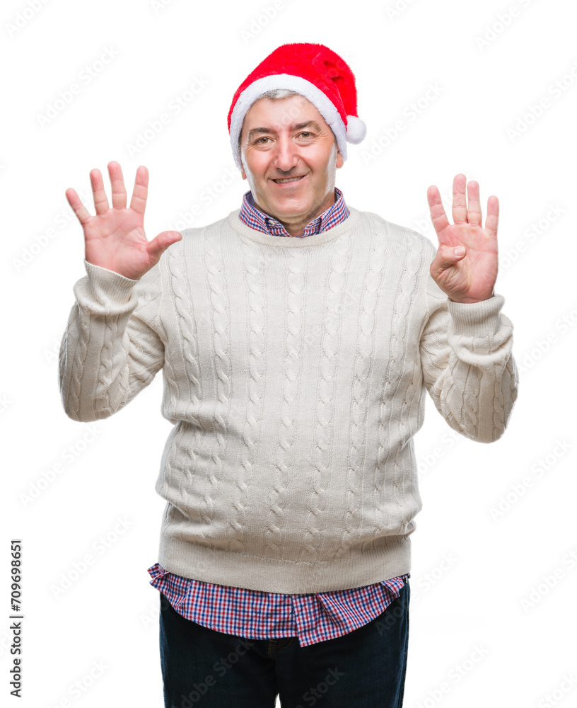 Handsome senior man wearing christmas hat over isolated background showing and pointing up with fingers number nine while smiling confident and happy. Handsome senior man wearing christmas hat over isolated background showing and pointing up with fingers number nine while smiling confident and happy.