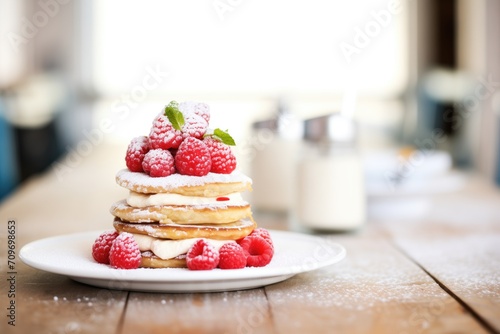 fluffy pancakes with a dusting of powdered sugar and raspberries