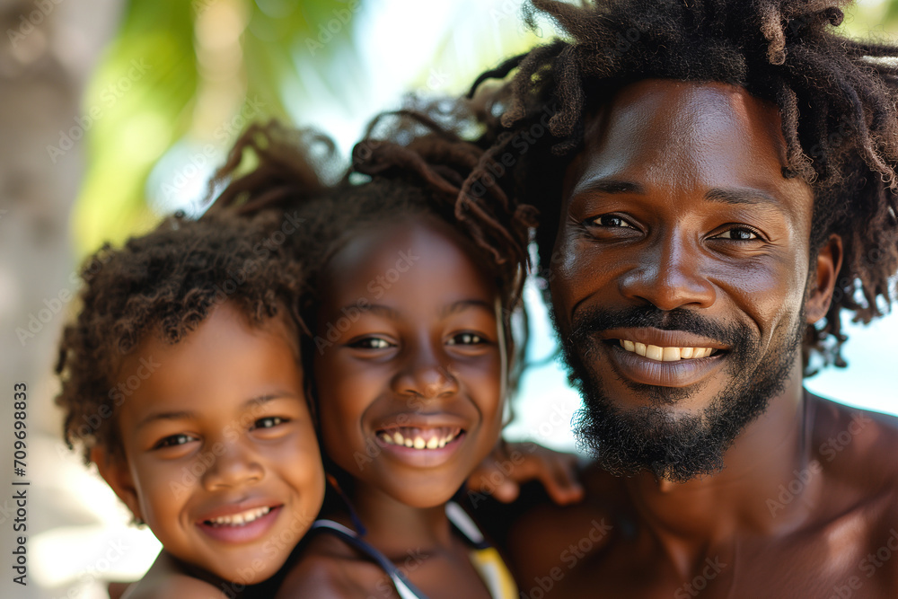 Fototapeta premium Family vacation, happy African American father with daughter and son on sea beach on a sunny summer day