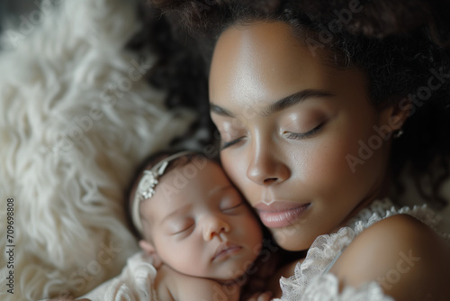 Mothers Day. Portrait of black american woman hugging a newborn baby. Concept of child protection, safety