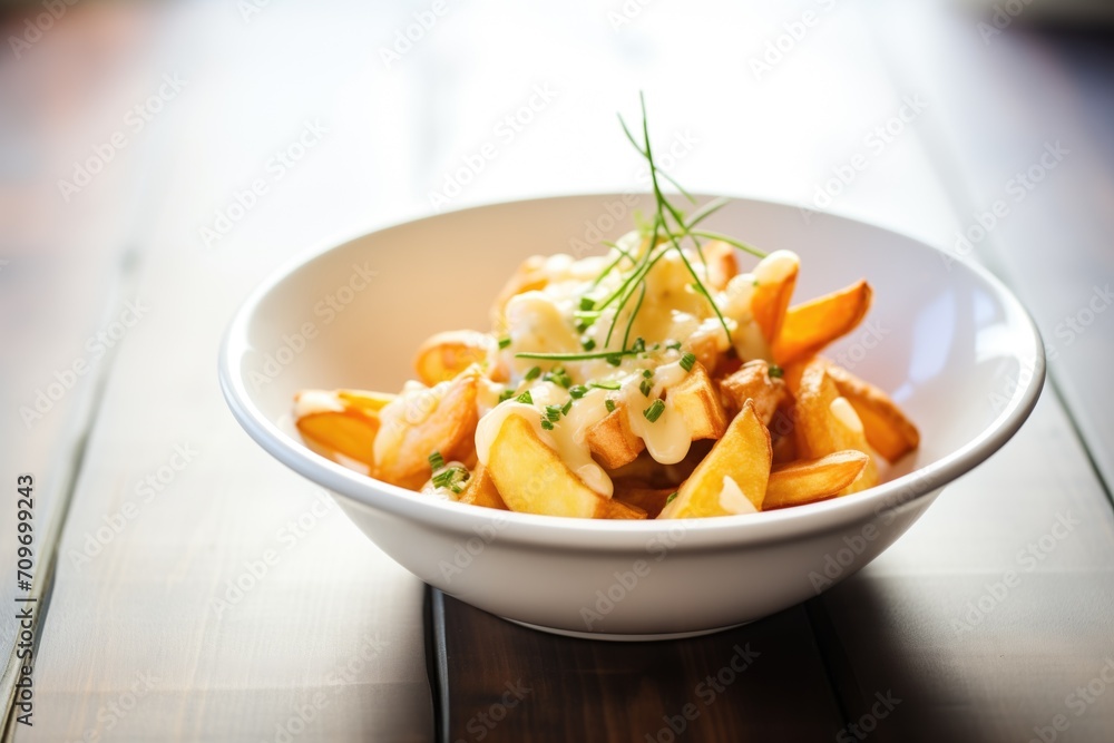 fresh poutine in a white bowl, cheese curds melting fresh poutine in a white bowl, cheese curds melting