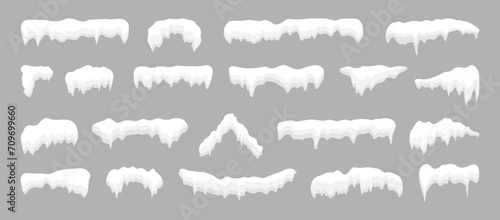 Snow caps set. White snow caps, snowball, snowdrifts, snow pile and icicles. Snowy elements on winter background. Winter elements decorations. Christmas elements. Vector illustration.