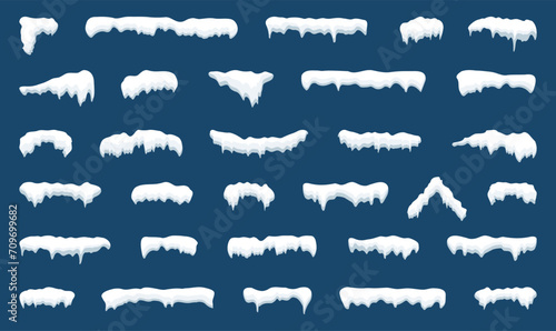 Snow caps set. White snow caps, snowball, snowdrifts, snow pile and icicles. Snowy elements on winter background. Winter elements decorations. Christmas elements. Vector illustration.