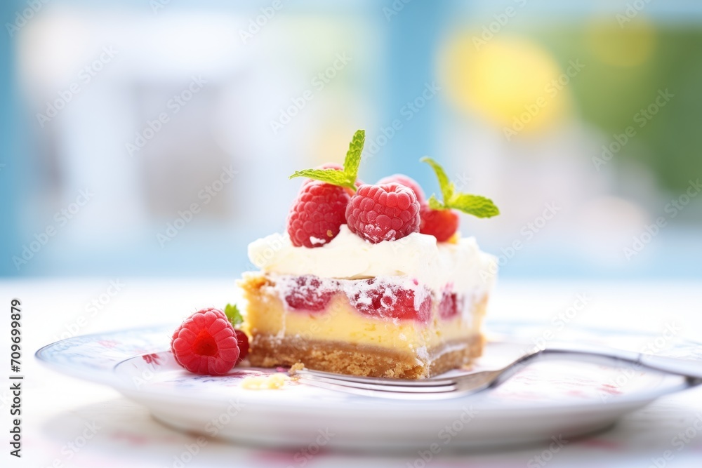 raspberry cheesecake slice on a fork with blurred background raspberry cheesecake slice on a fork with blurred background