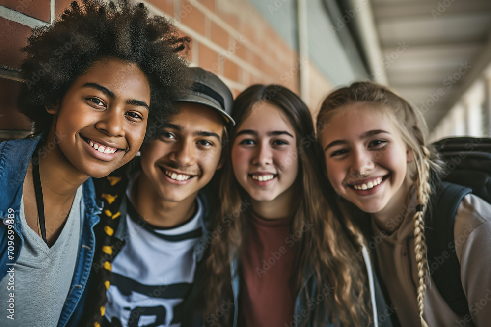 Fototapeta premium Ethnically mixed group of young students or friends look laughing into the camera - theme of friendship and education