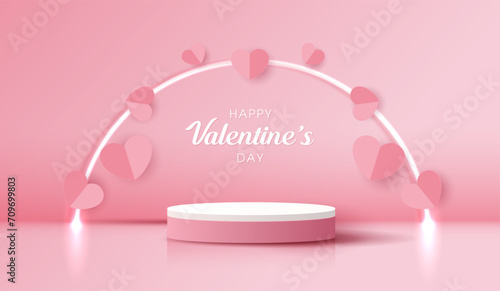 Happy valentines day and stage podium decorated with heart shape lighting. pedestal scene with for product, cosmetic, advertising, show, award ceremony, on red background and light. vector design. © TripleP Studio