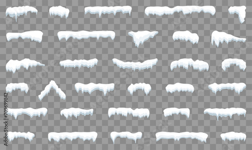 Snow caps set. White snow caps, snowball, snowdrifts, snow pile and icicles. Snowy elements on winter background. Winter elements decorations. Christmas elements. Vector illustration.