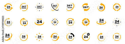 24 7 service icon set. 24-7 open, concept with call icon. Support 24 hours a day and 7 days a week. Support service. Vector Illustration.
