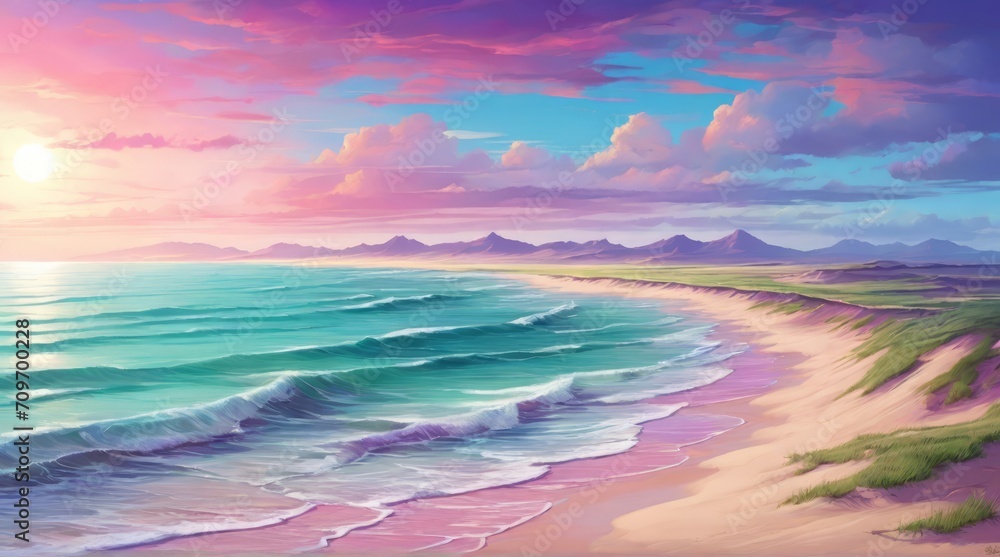 Seascape with turquoise waves. AI