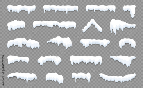 Snow caps set. White snow caps, snowball, snowdrifts, snow pile and icicles. Snowy elements on winter background. Winter elements decorations. Christmas elements. Vector illustration.