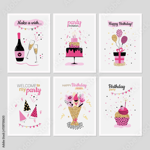 Bright birthday decorations big set. Set of greeting card concept.