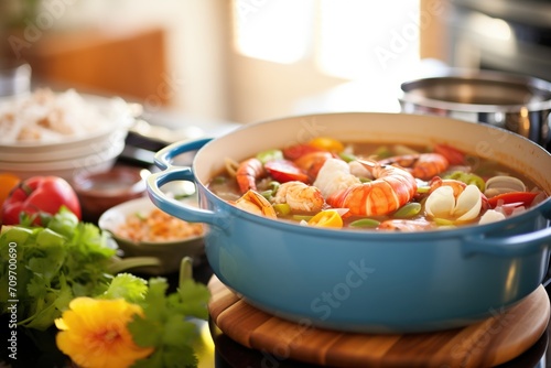 fresh seafood beside a ready-to-cook pot of gumbo photo