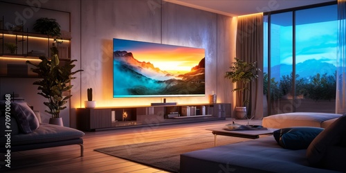A modern living room at dusk, with warm lighting and a large TV displaying a mountain landscape scene. photo