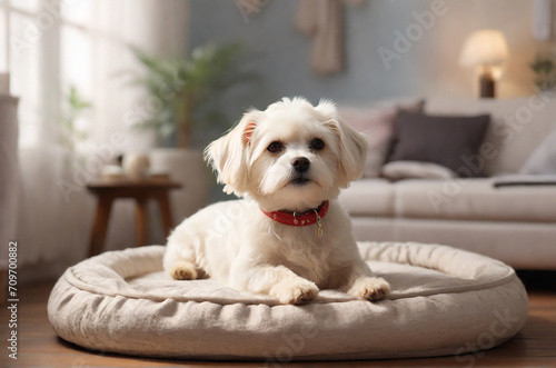 White maltese dog in cozy room photo