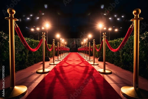 A glamorous red carpet event setting with velvet ropes and golden stanchions leading towards a darkened, spotlighted area. photo