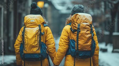 Travel concept. A young couple dressed in yellow jackets, knitted hats and rucksacks are ready to travel. Winter time. Selective focus. 