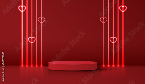 Happy valentines day and stage podium decorated with heart shape. pedestal scene with for product, cosmetic, advertising, show, award ceremony, on red background and light. vector design.