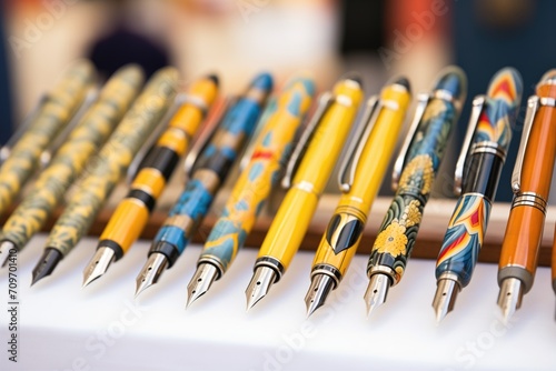close-up of fountain pens displayed in a row