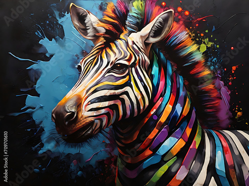 painting of zebra with vibrant colors on dark canvas