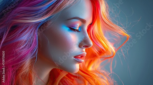 Beautiful woman with multi-colored hair and creative make up and hairstyle. Beauty face.Generative AI
