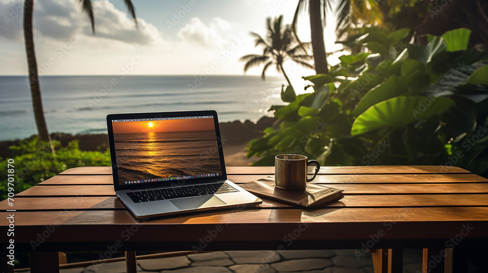 Fototapeta premium Laptop computer with coffee cup on wooden table on tropical beach background 
