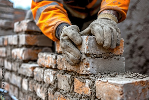A bricklayer places bricks on building. Generative Ai.