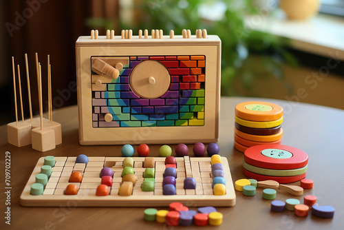 Colorful wooden Mentensorri toys on the table.They develop fine motor skills, imagination, and provide an understanding of the shapes, colors, sizes and other characteristics of objects.