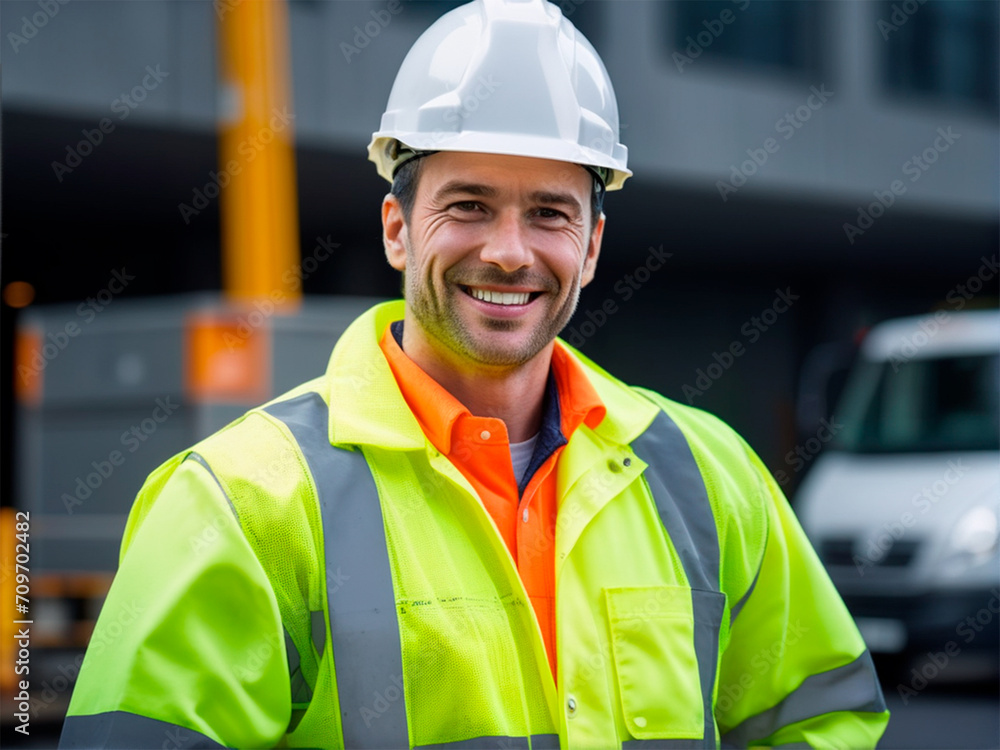 Portrait of smiling male supervisor in hardhat standing in front of warehouse Portrait of smiling male supervisor in hardhat standing in front of warehouse