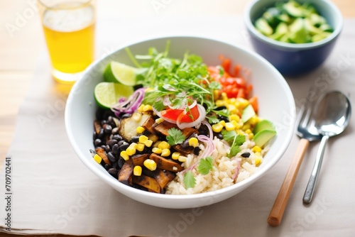 veggie burrito bowl with black beans and corn
