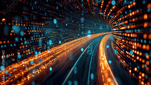 Streaming data, binary data moving on a digital road.Generative AI