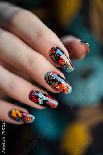 Nail art, female hand with beautifully painted, colorful nails