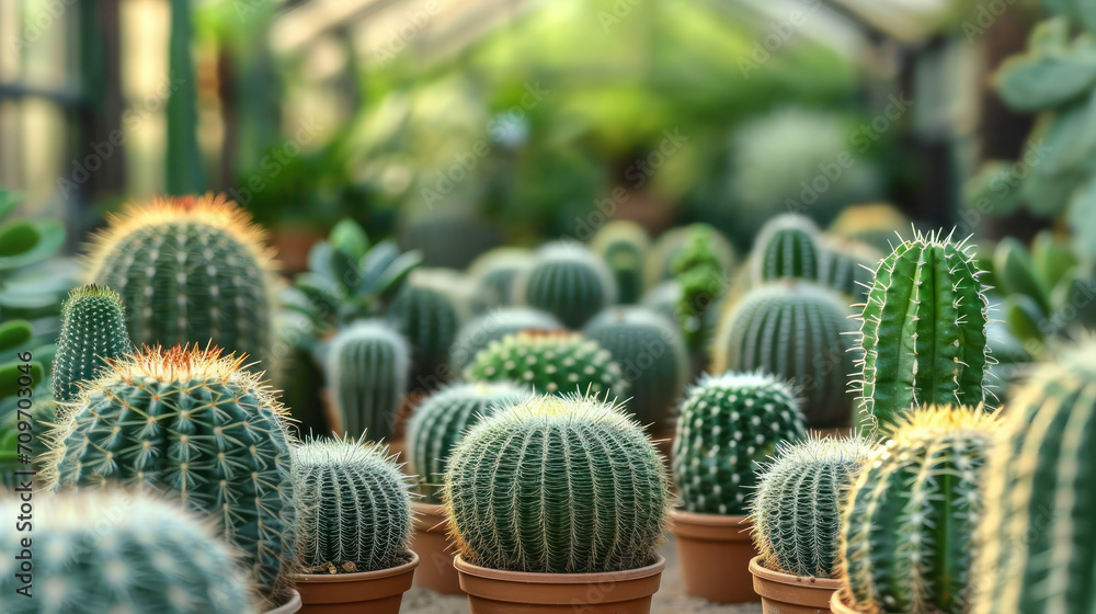 Verdant Collection of Spherical Cacti, a Symbol of Resilience and Adaptation, in a Serene Desert Greenhouse Environment Verdant Collection of Spherical Cacti, a Symbol of Resilience and Adaptation, in a Serene Desert Greenhouse Environment