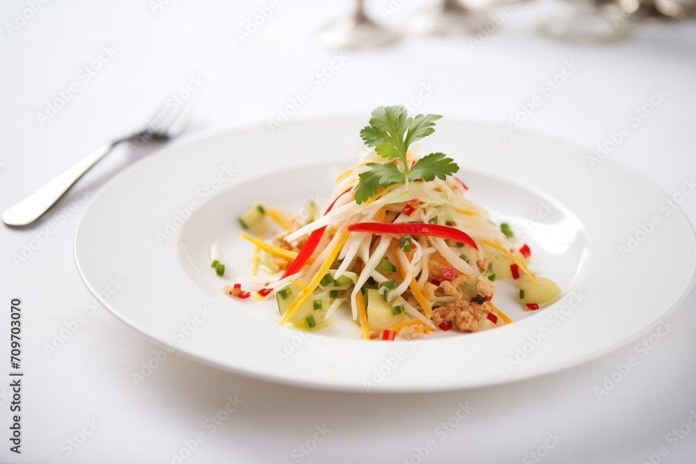 asian slaw with toasted almond slivers, elegant plating asian slaw with toasted almond slivers, elegant plating