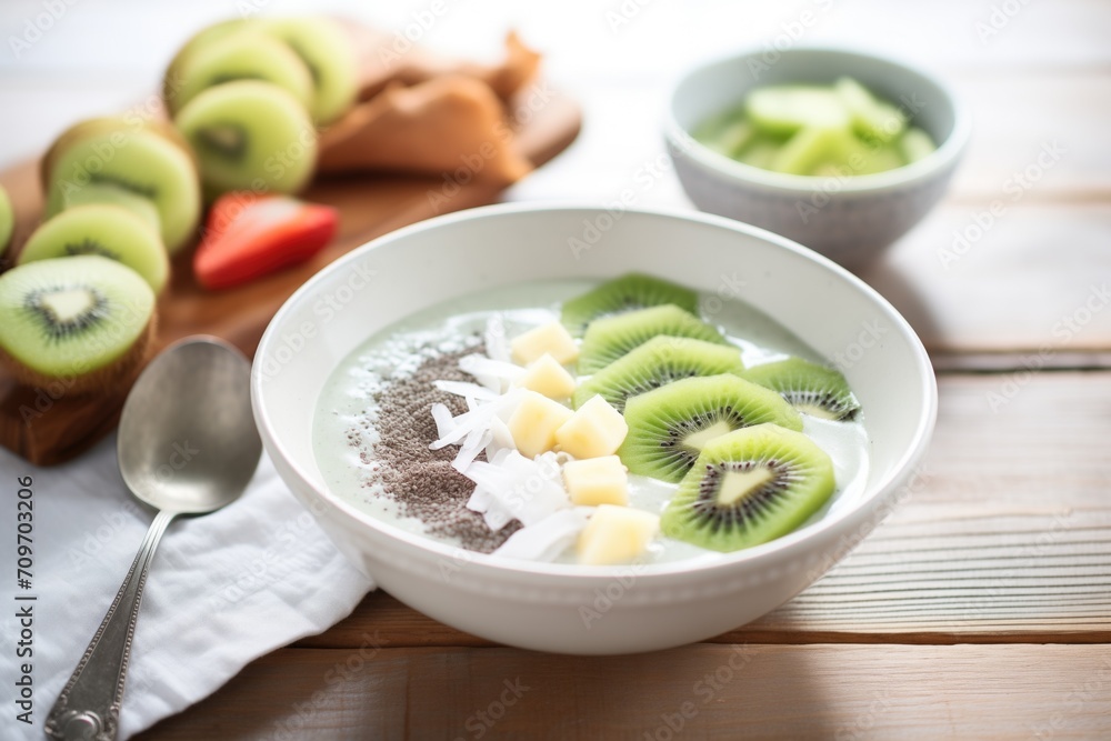 fruit smoothie bowl with chia seeds, coconut flakes, and kiwi slices fruit smoothie bowl with chia seeds, coconut flakes, and kiwi slices